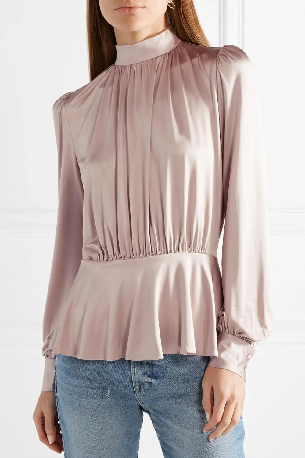 Office lady pink long sleeve silk satin ruffled women blouse