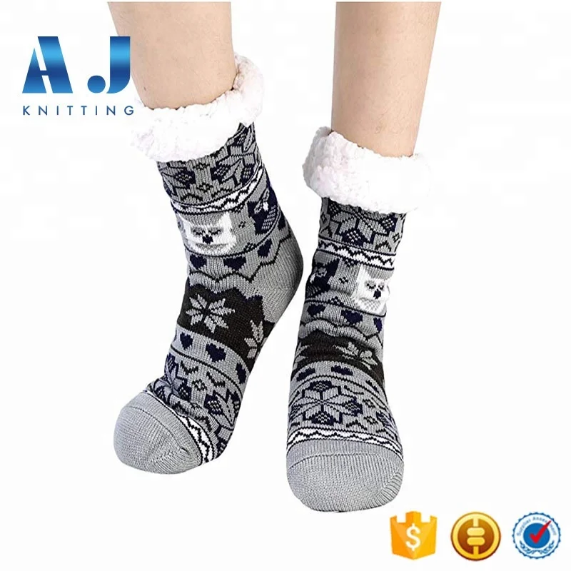 AJ18200 Wholesale Thick Sherpa Fleece lined Non Skid Fuzzy Slipper Socks for Women