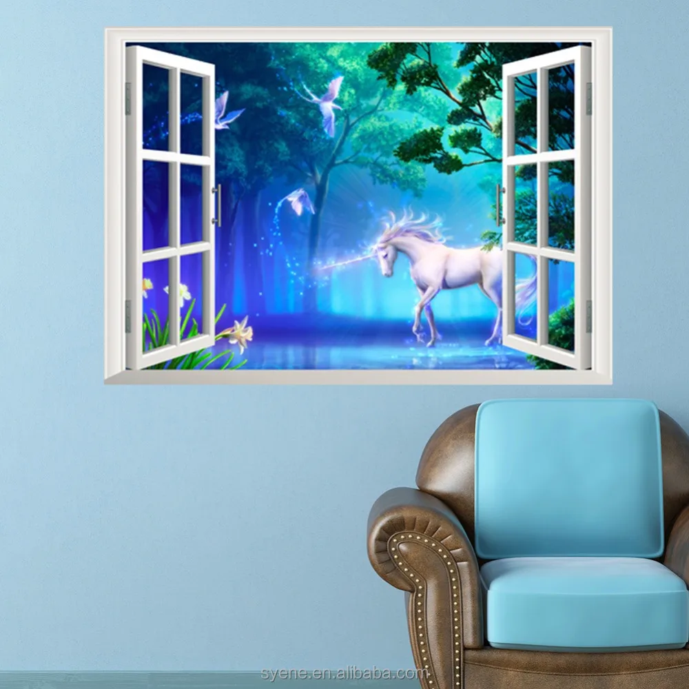 Syene 5d home decor pvc unicorn wall sticker hot natural beautiful wallpaper fake window wall decals home decor