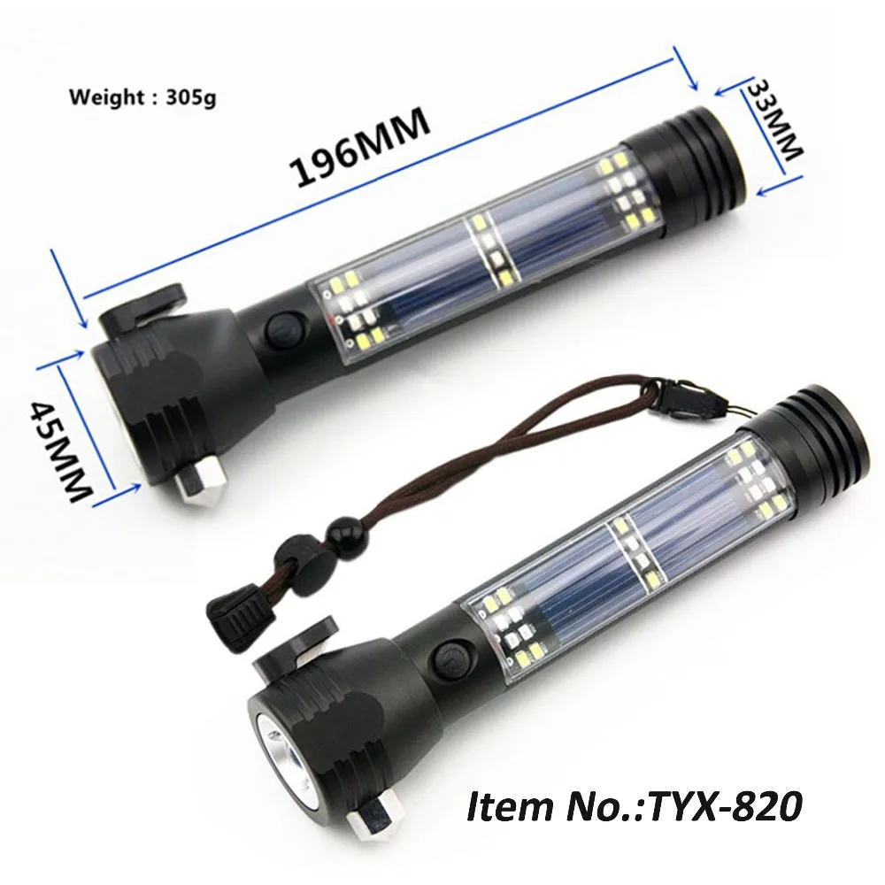 Универсальный перезаряжаемый светодиодный фонарик на солнечной батарее с 7 режимами, Автомобильный аварийный фонарик с выключателем для окна, резаком для ремня безопасности, компасом