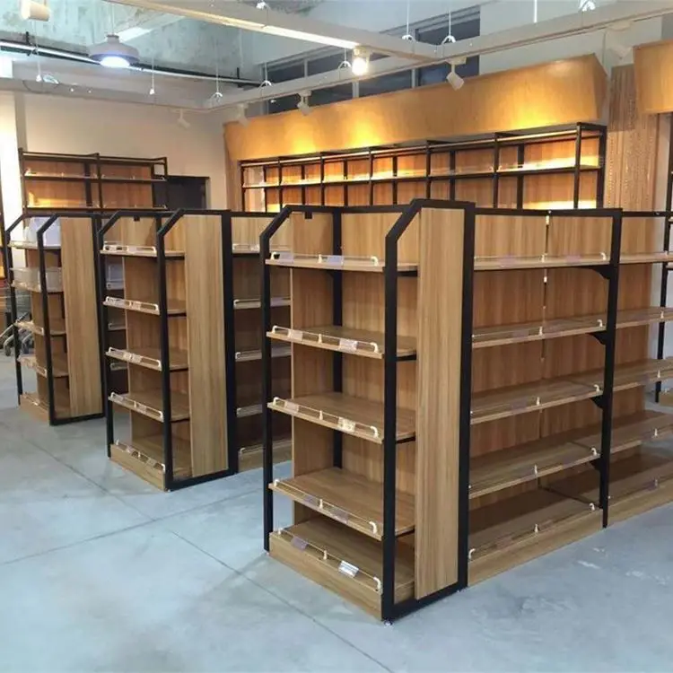 Современные полки для продуктовых магазинов со скошенными полками, деревянные полки для гондолы со стальным и деревянным дисплеем (62065656688)