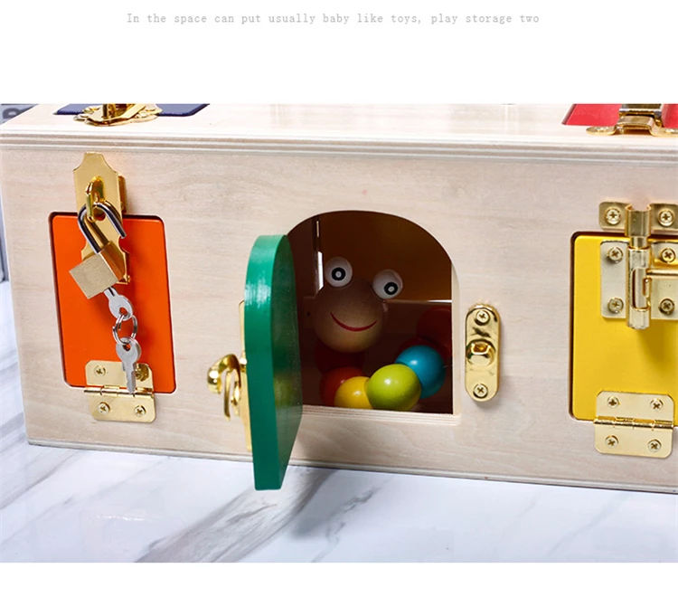 
2019 new wooden toy unlock box 10 kinds of different locks for kids to recognize locks 