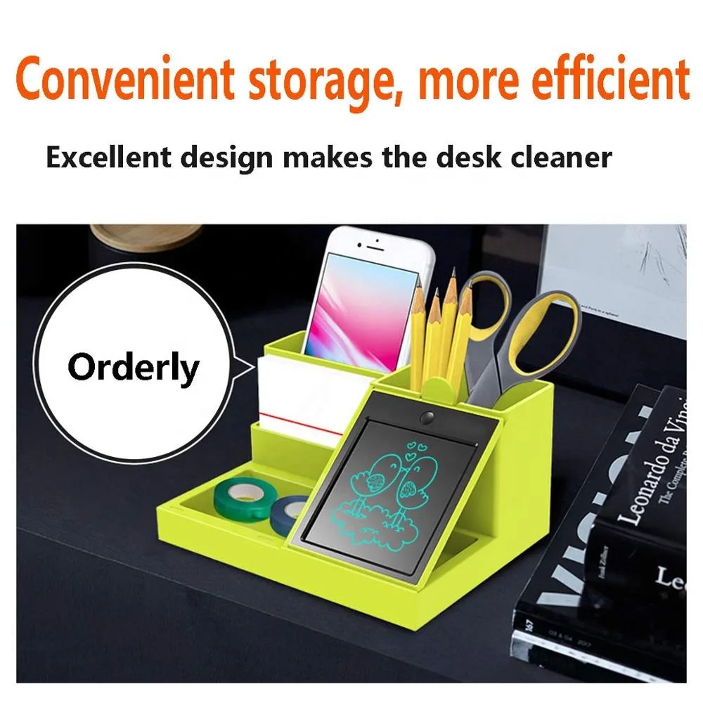 Multi-Function Desktop Storage Box Stationery Organizer Container Equipped with LCD Writing Tablet Used as Sticky Notes Suitable