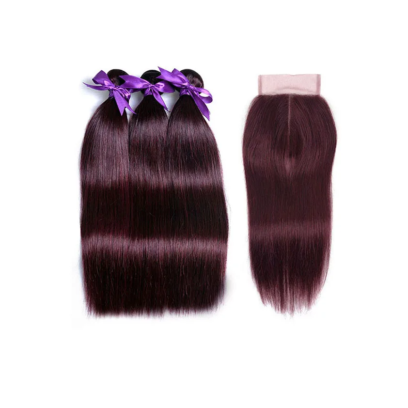 
100% Remy Human Hair Bundles With Closure Straight , #99J Dark Wine Red Brazilian Colored Hair Extension 