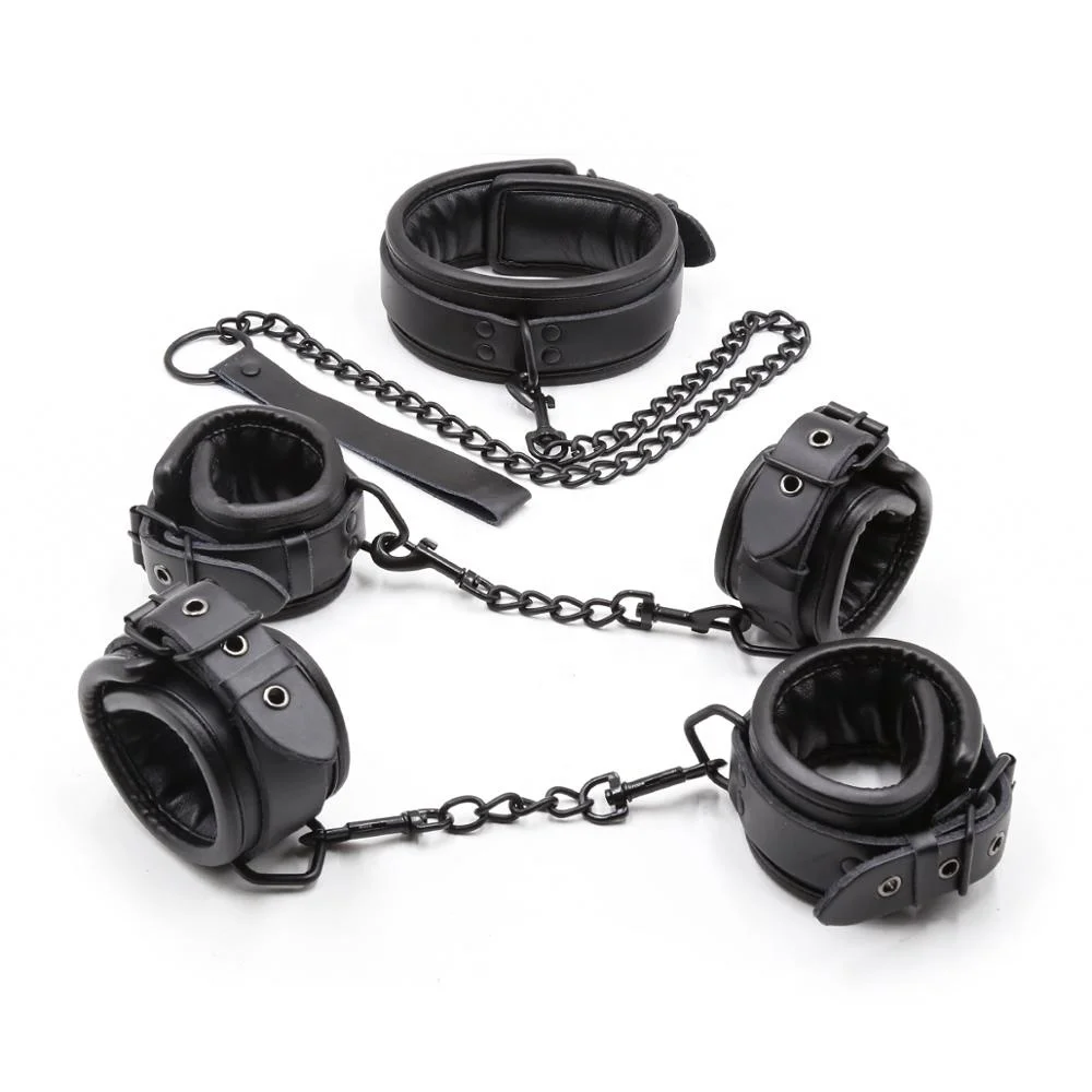 Mature Bondage Leash Collar Wrist and Ankle Cuffs Set BDSM Restraints For Fetish Slave