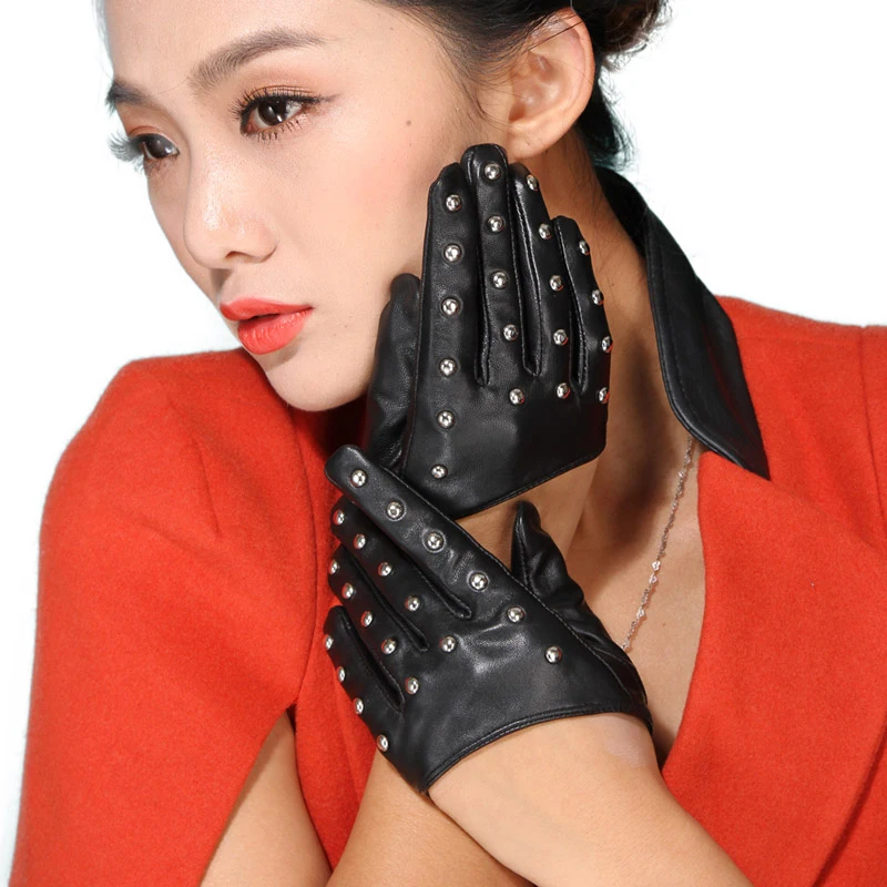 Stylish sheepskin half palm lady rivet motorcycle gloves