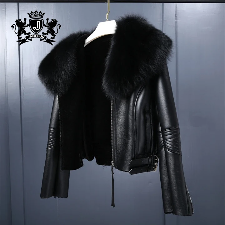 Fashion  Elegant Winter Plus Size Motorcycle Genuine Leather Jacket For Woman