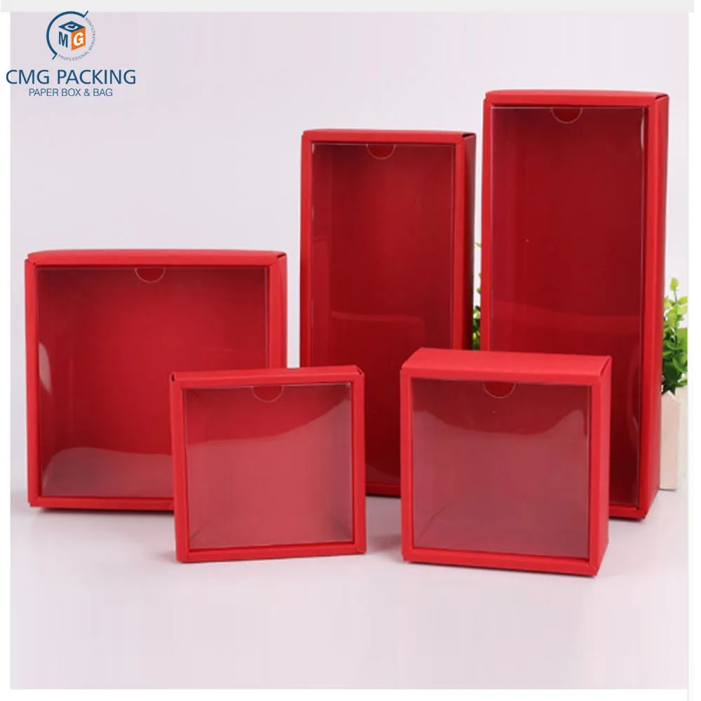 custom Clear PVC Lid Red/White/Black/Kraft Paper Box Handmade Soap Candy chocolate biscuit boxes for wedding party gift wrap