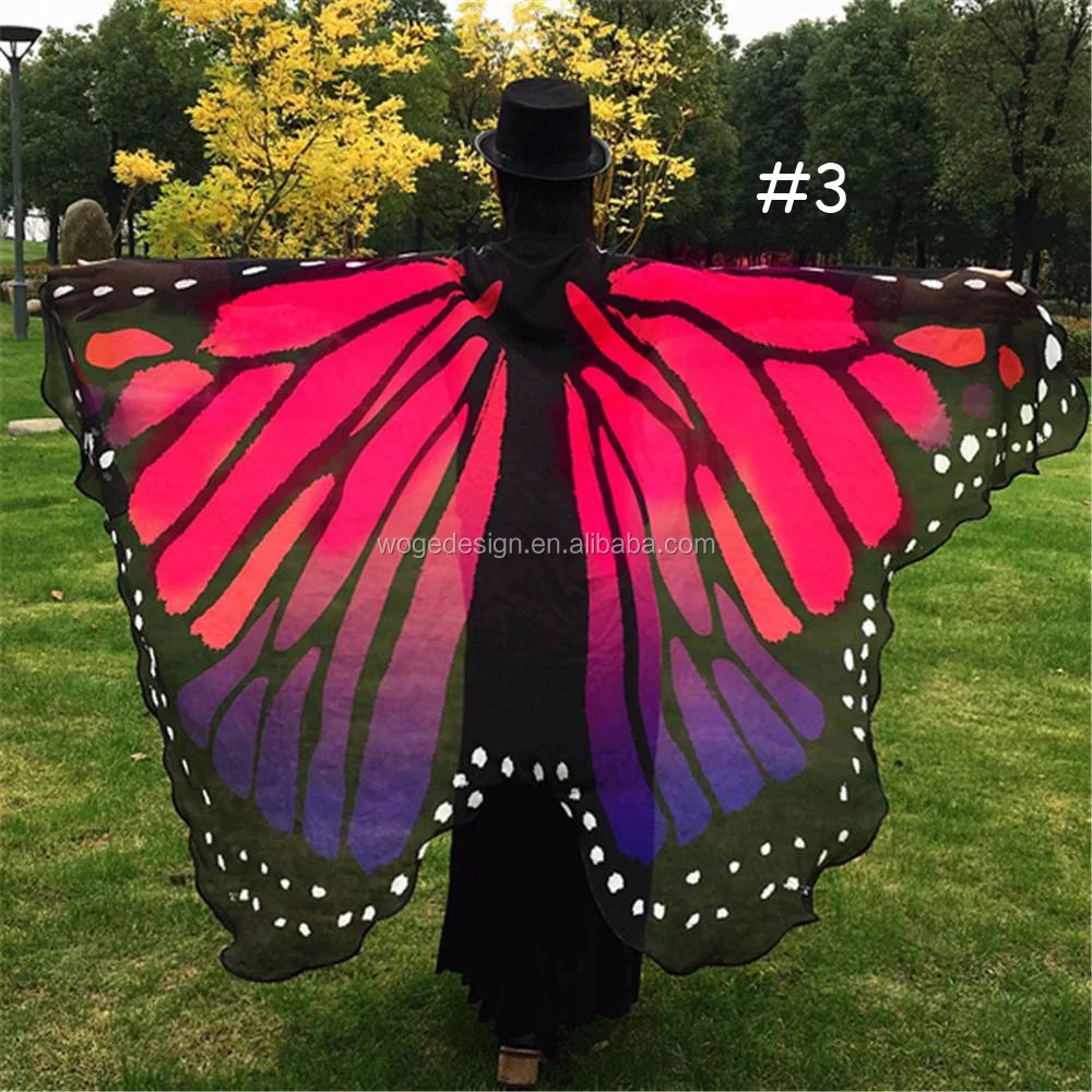 Made in China factory wholesale voile prefect gorgeous halloween costume dancing cosplay shawls print butterfly wings cape