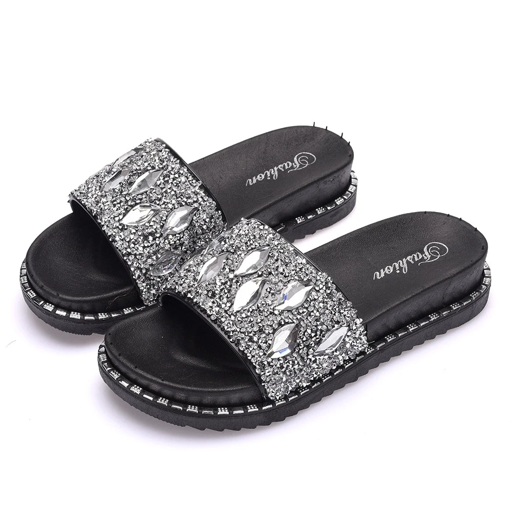Outdoor slip on cool design women pvc slippers colorful water drops rhinestone slide sandals