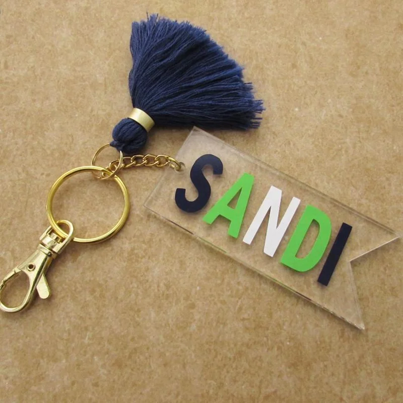 Personalized Acrylic Monogram Flag Keychain with Tassel  Key Chain