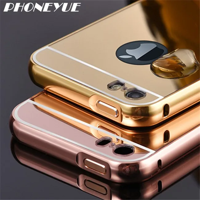 Gold Plated Metal Acrylic Aluminum Mirror Back Bumper Cell Phone Cover Case For iPhone For Samsung Galaxy S4 S5