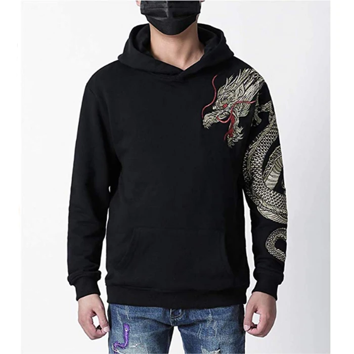 Крутая мужская толстовка с капюшоном в китайском стиле вышитая Толстовка драконом тонкая работа свитшот пуловер черная