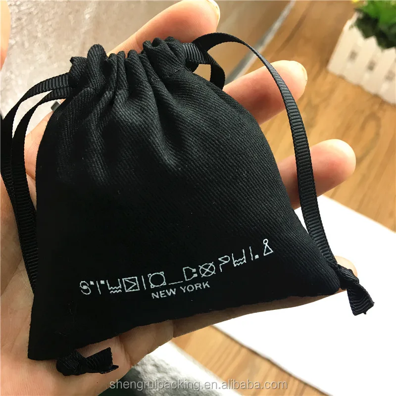 Small Black Twill Cotton Drawstring Jewelry Pouch With Flat String