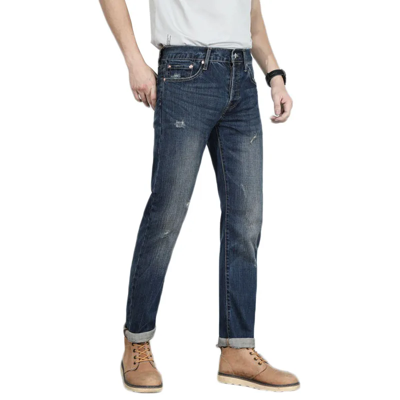 
501 2019 new collection high quality brand men fashion blue scratched slim fit straight leg denim jeans for man 
