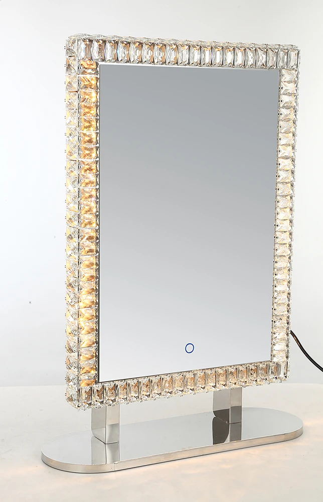 2021 Hot Sale Rectangle Shape Desktop LED Chrome Crystal Standing Mirror For Makeup Using