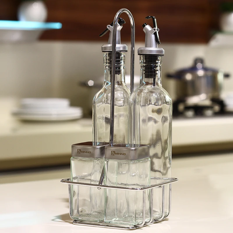 5pcs Glass Cruet Set Glass Salt Pepper Shaker Condiments Bottle Spice Jar Set With Holder