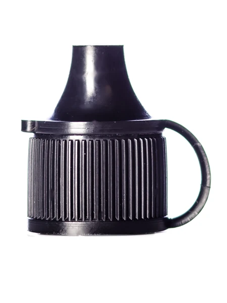 Black PP 15-410 ribbed skirt dispensing lid with strap cap