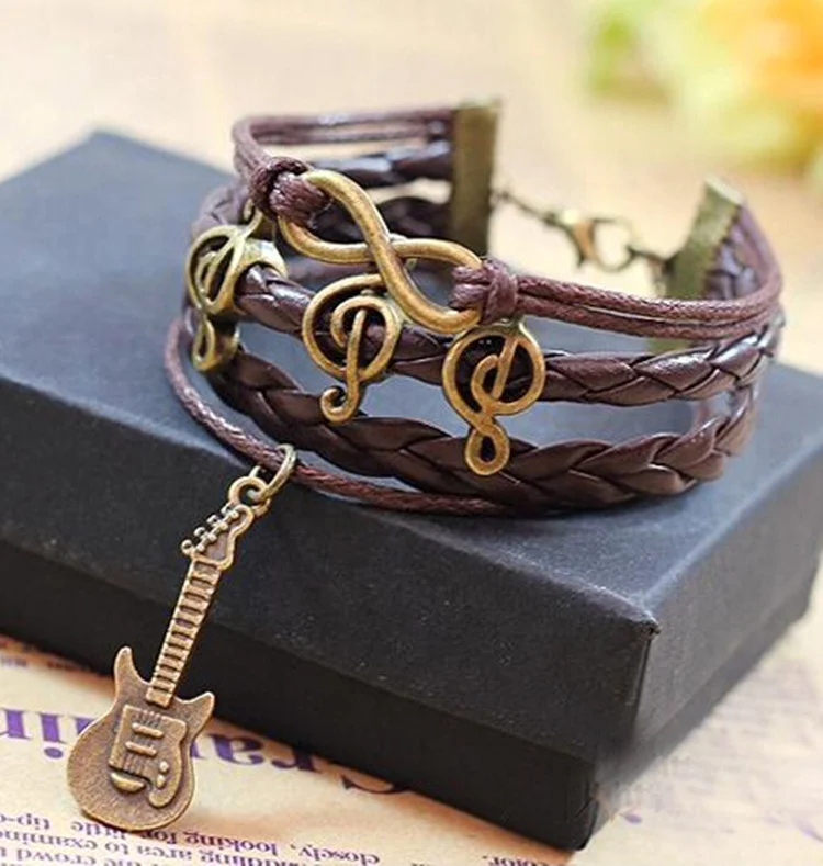 Musical Note Symbol Guitar Charms Leather Ropes Braided Multilayers Bracelets for men women