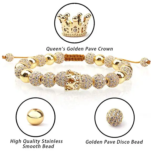 High Quality Luxury CZ Pave Crown Real Gold Plated Queen&King Crown Charm Bead Macrame Couple Bracelet For Women Men