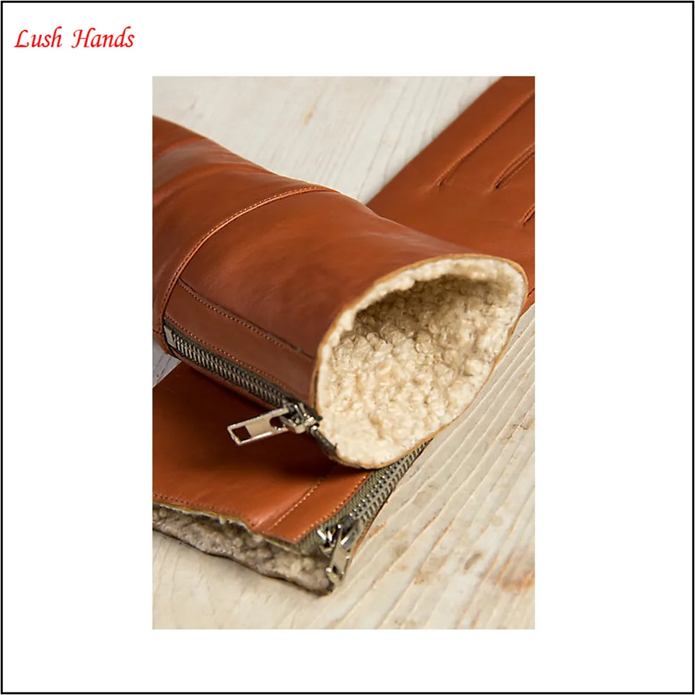 
Ladies brown long soft nappa leather gloves with zipper for winter 
