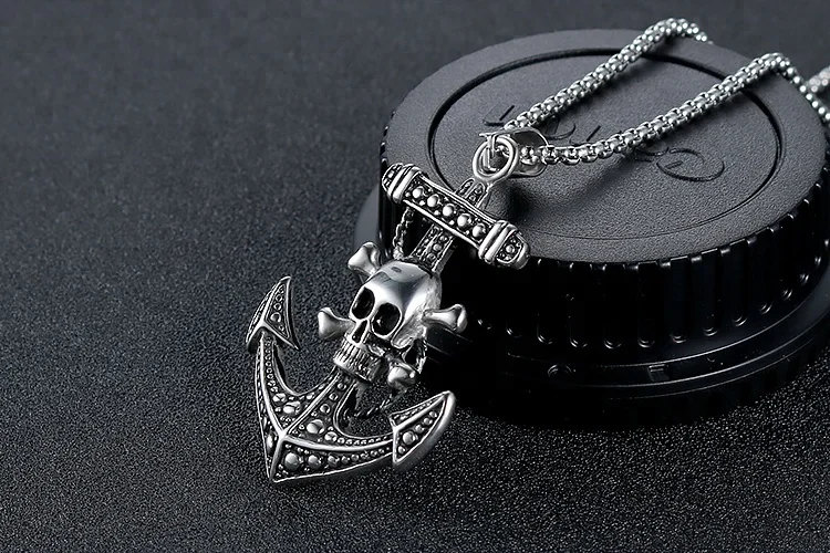 Punk Gothic Pirates of the Caribbean Black  Stainless Steel Cross Charm Skull  Anchor Pendant Necklace