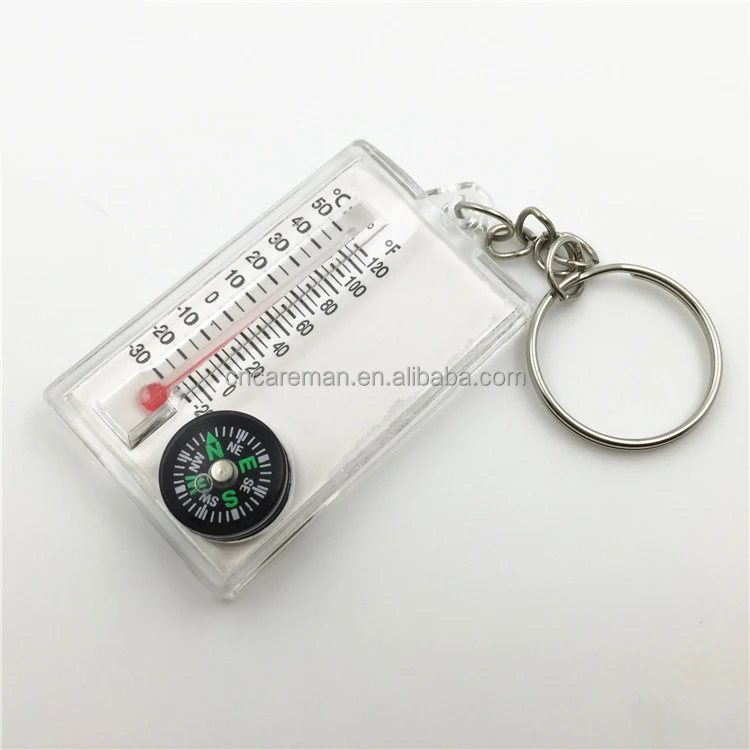 Transparent Keychain Compass with Thermometer, Key Ring Thermometer Compass OEM Orders Accepted