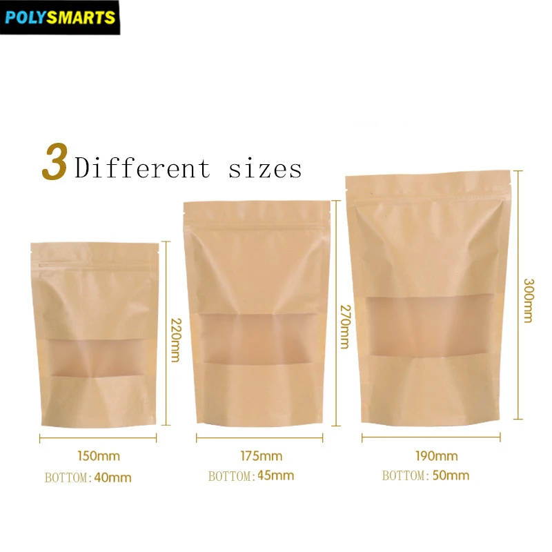 polysmarts Eco friendly Kraft Paper Zipper Bag Stand Up Pouch With Clear Window For Herbal Tea,Spices Packaging