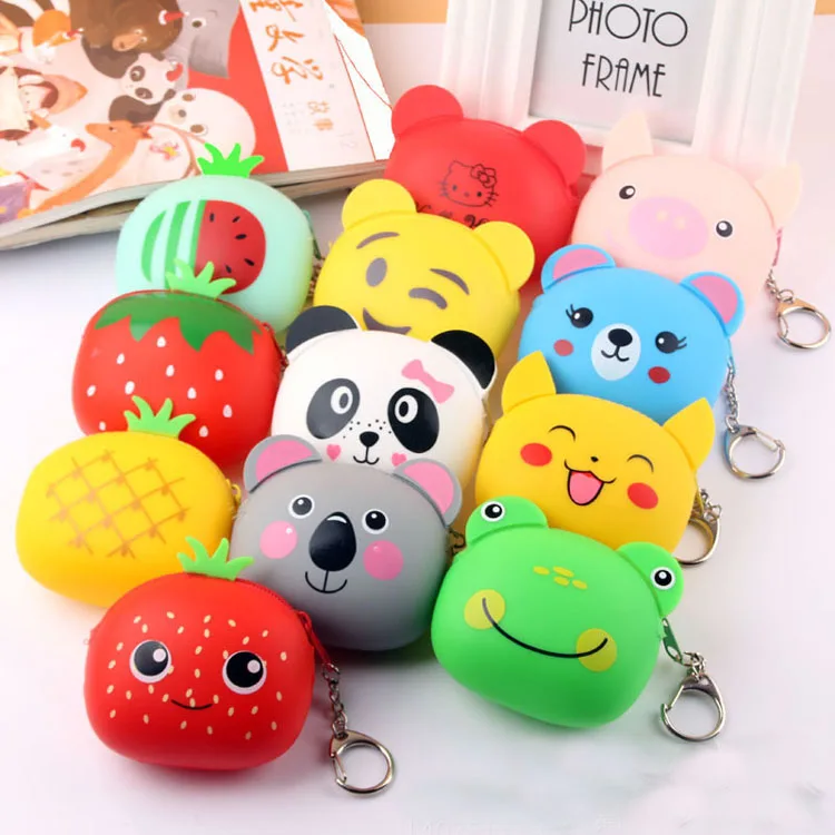 New Cartoon Cute Zipper Key Silicone Coin Purse Fruit Round Small Wallet Silicone Hook Key Bag Custom