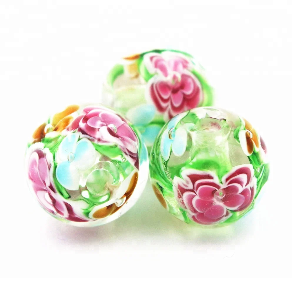 20mm Big hole Lampwork Glass Round Flower Focal Beads for Women Girl Jewelry Table Lamp Crafts Decoration
