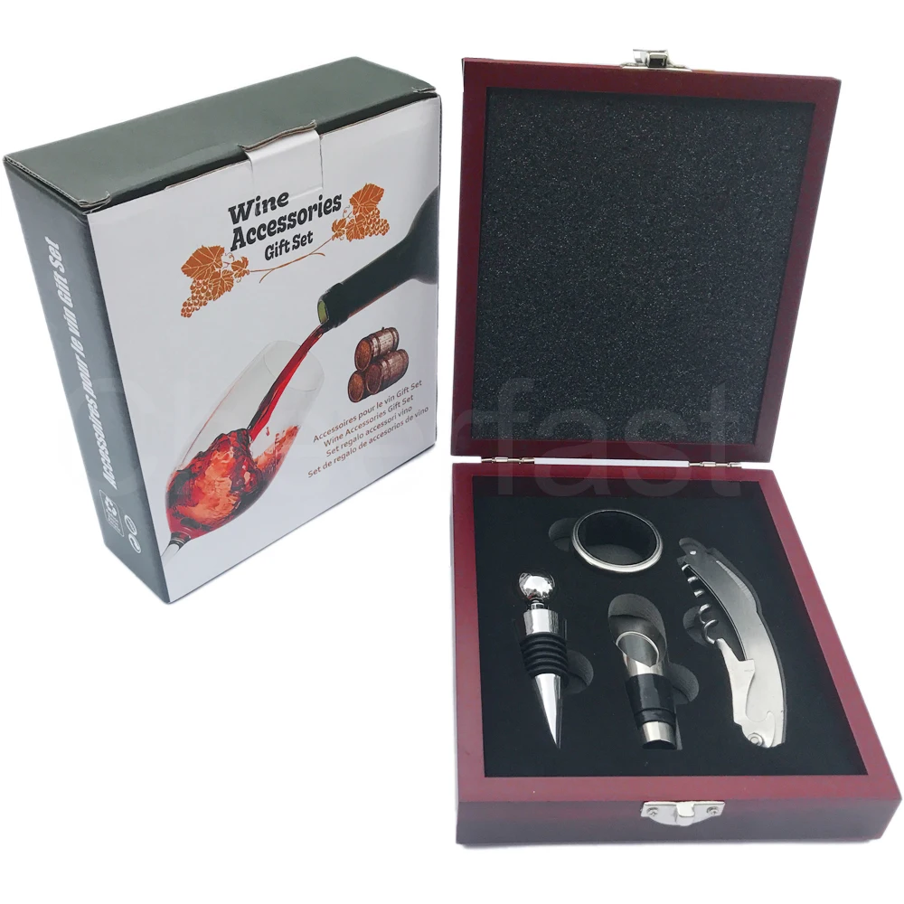 Good Wooden Box 4 Pieces Accessories Wine Set