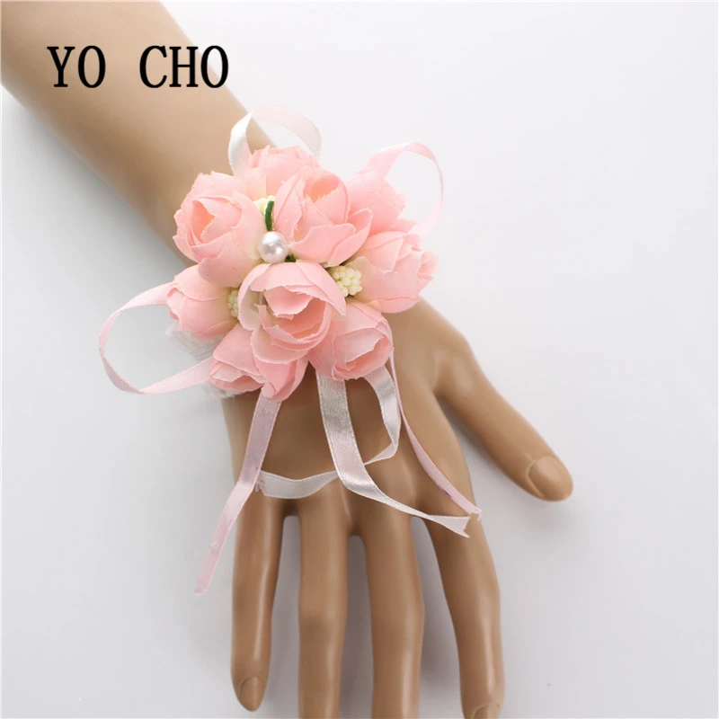 
YO CHO wholesale Christmas decor hand accessories for girls rose lovely bridal bridesmaid party corsage flowers with beige bud 
