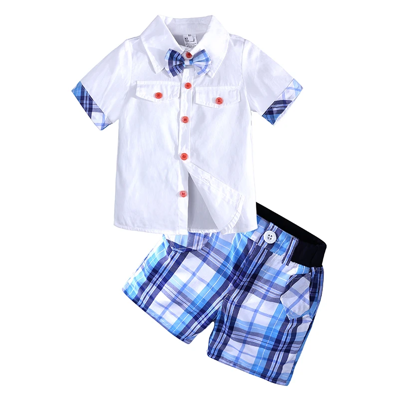 2pcs short sleeve shirt + plaid shorts children summer clothes baby boy clothes sets toddler boys clothing