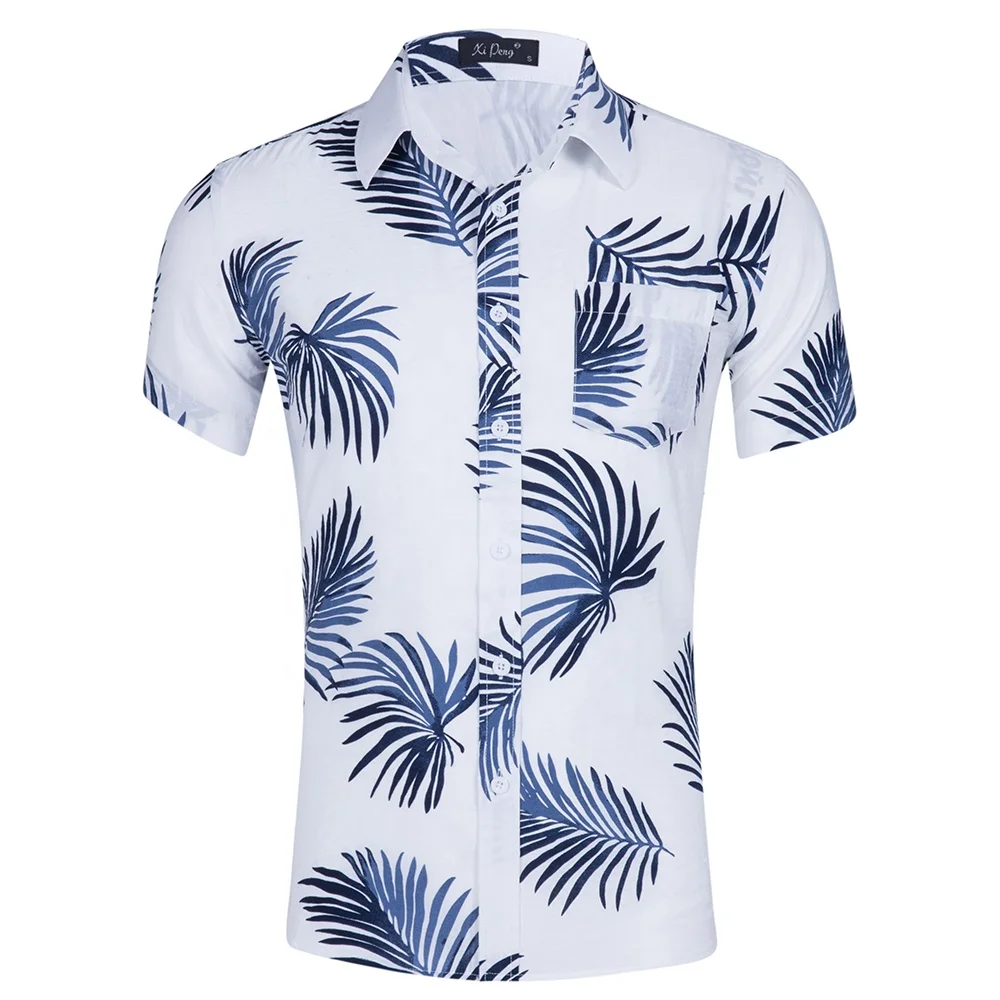 In stock man short sleeve beach hawaiian shirts white men shirt cotton