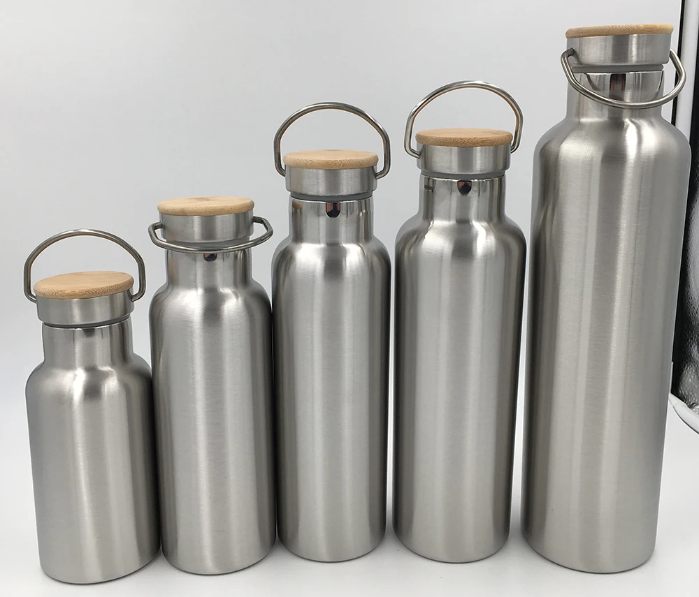 Durable Double Wall Water Bottle with Bamboo Lid, Custom Brushed 18/8 Stainless steel Sports bamboo bottle