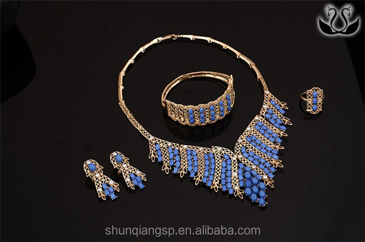 Elegant Women Gold Plating African Blue Beads Jewelry Set Wholesale