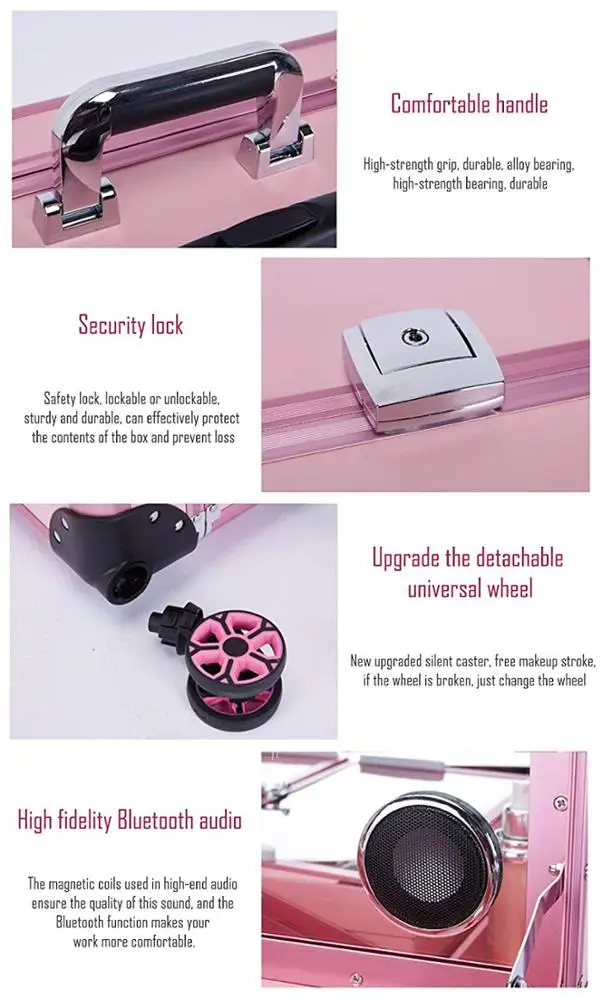 Big Type LED Multimedia Makeup Box Speakers professional large rolling trolley aluminum cosmetic case