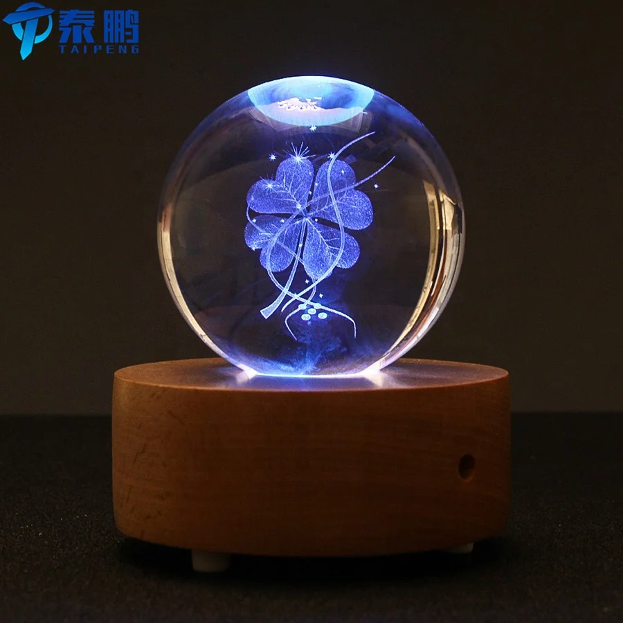 
Wholesale 3d laser engraved Four Leaf Clover crystal ball with led base for home decoration and gifts 