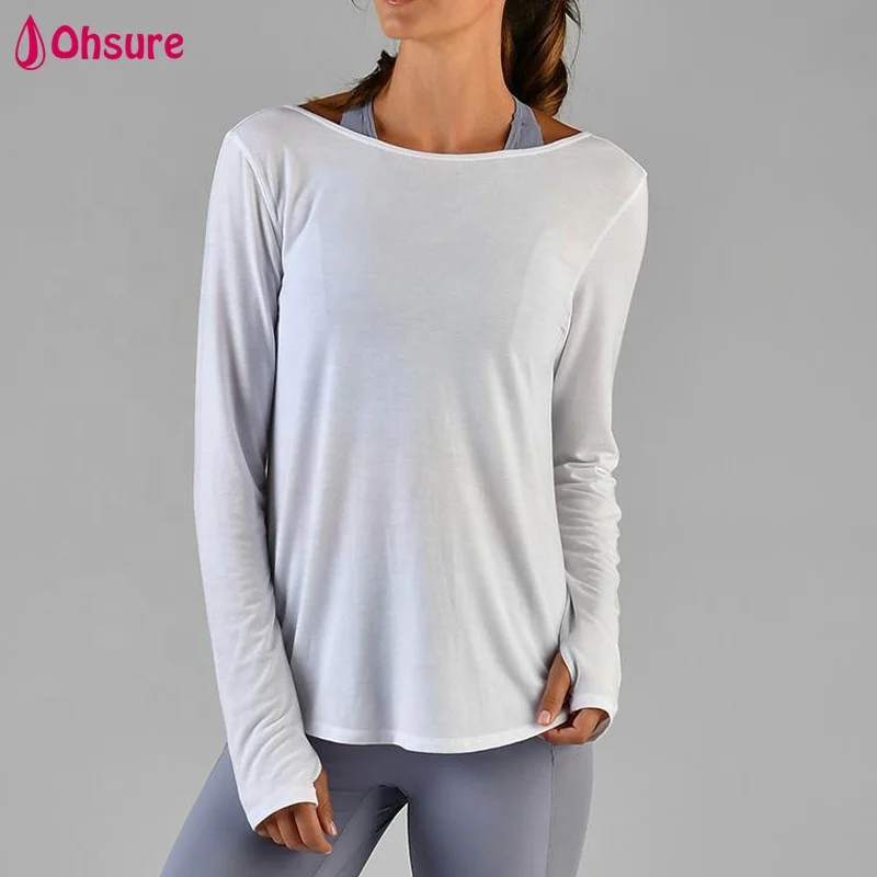 
OEM V-back long sleeve tee open back nude fitness active top womens back tie tshirt yoga dancing T-shirts 