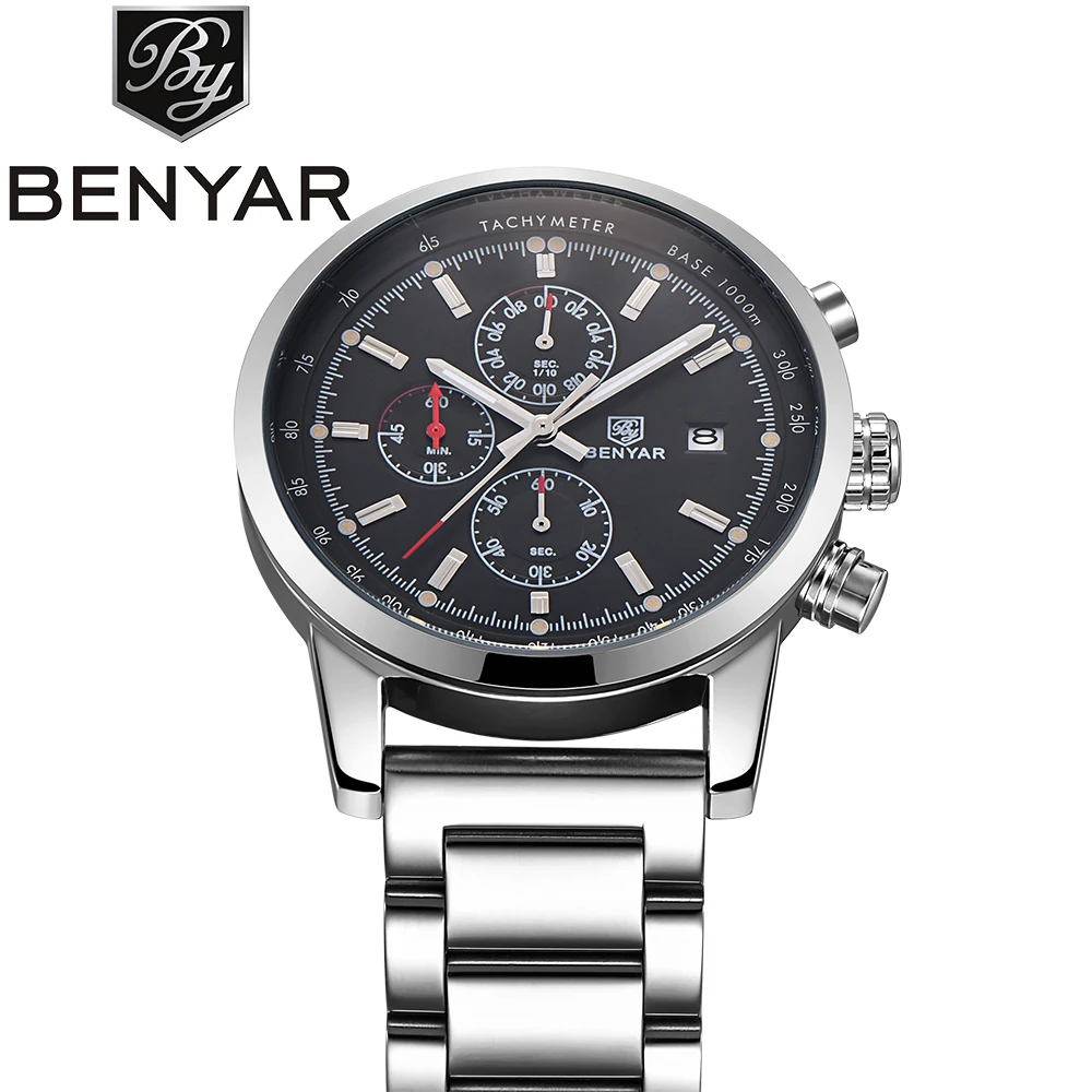 BENYAR Brand Watch Chronograph Sport stainless steel band alloy case Men Quartz Date Watches