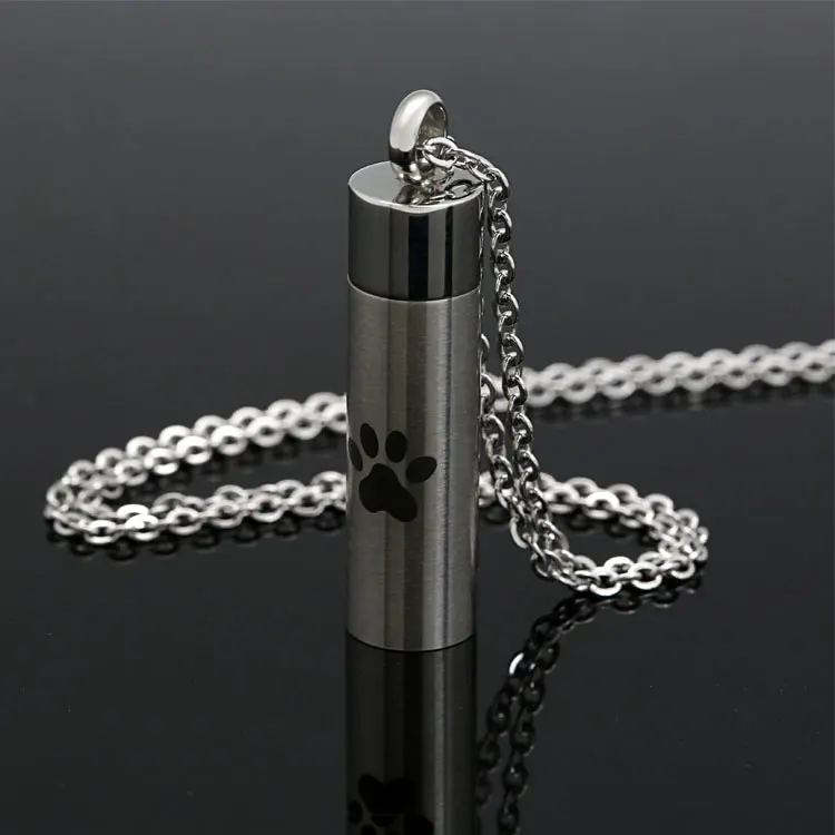 Cylinder dog paw design Low moq 316L stainless steel perfume necklace relatives pets ashes urn cremation pendant