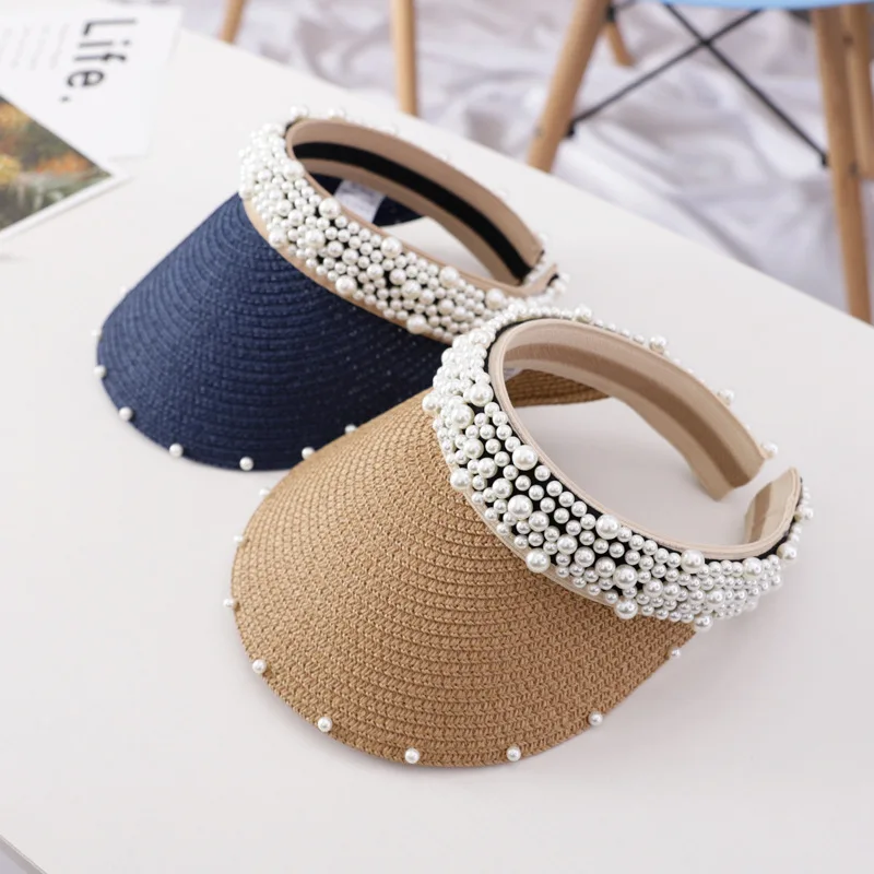 2019 hot selling korean version summer children sunscreen net red handmade pearls empty top baby outdoor beach hat
