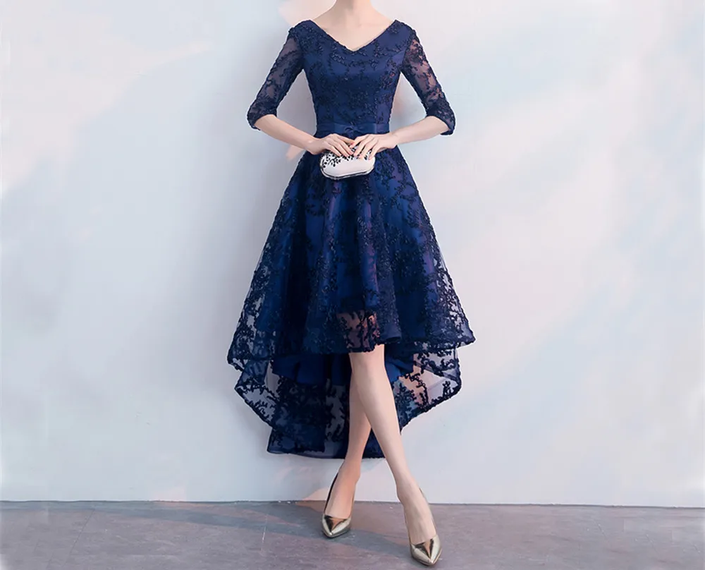 Lace V Neck Half Sleeves Navy Blue High Low prom gowns
