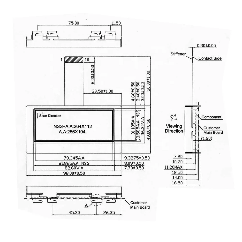 3.5 inch 264x112 lcd screen ST7592 driver 18 pin 8 bit parallel interface cog lcd