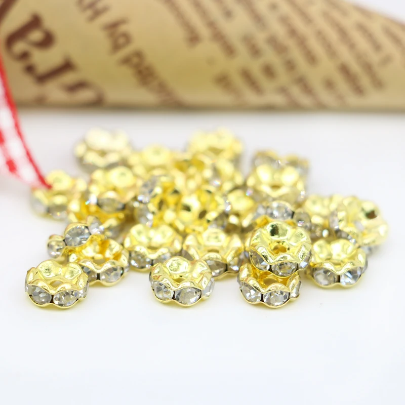 XULIN Wholesale DIY Plated Gold Wavy Side Metal Rondelle Beads Jewelry Making Crystal Clear Glass Spacer Beads IA0202