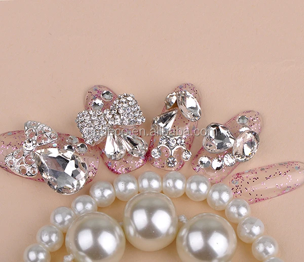 Nadeco Pink Rhinestone Abs Material Artificial Jewelry Wedding False Finger Nail Tips