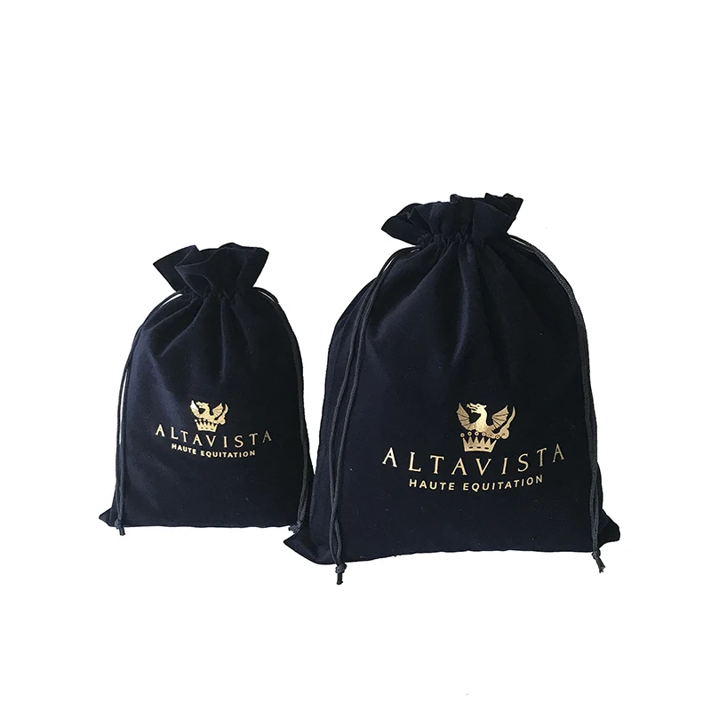 Customized Brand Logo Gold Hot Print Navy Blue Velvet Drawstring Makeup Gift Bags