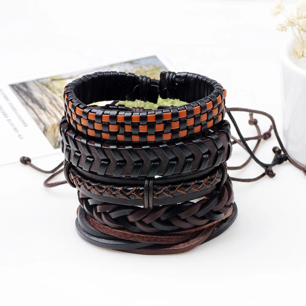 Vintage Stretch Wax Rope Braided Adjustable Mens 5 PCS Set Multilayer  Leather Bracelets & Bangles