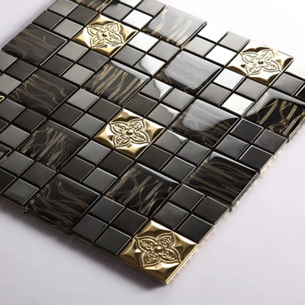 Luxury glass mosaic wall decoration golden flowers mixed metal pattern mosaic tile