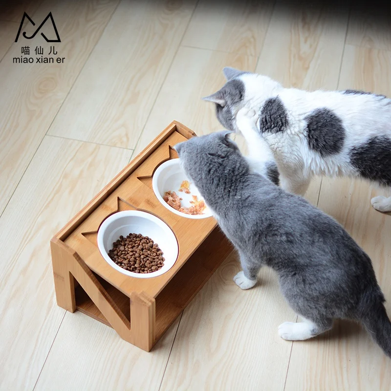 N-shaped Bamboo Wood Pet Feeder With Ceramic Two Pet Bowl for Cat Dog Supplies